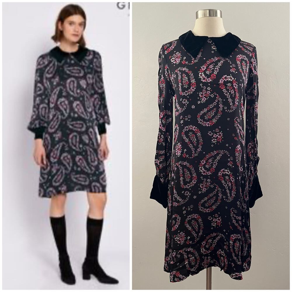 Ghost London Paisley Dress Small Black Floral Mod Retro Whimsical Luxury Chic